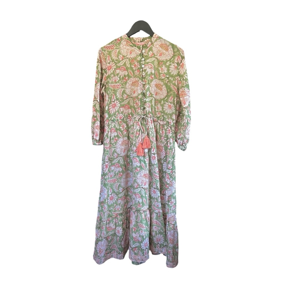 Pacific & Rose Hilia Tiered Midi Dress Pink Green Floral Cottagecore Boho Medium